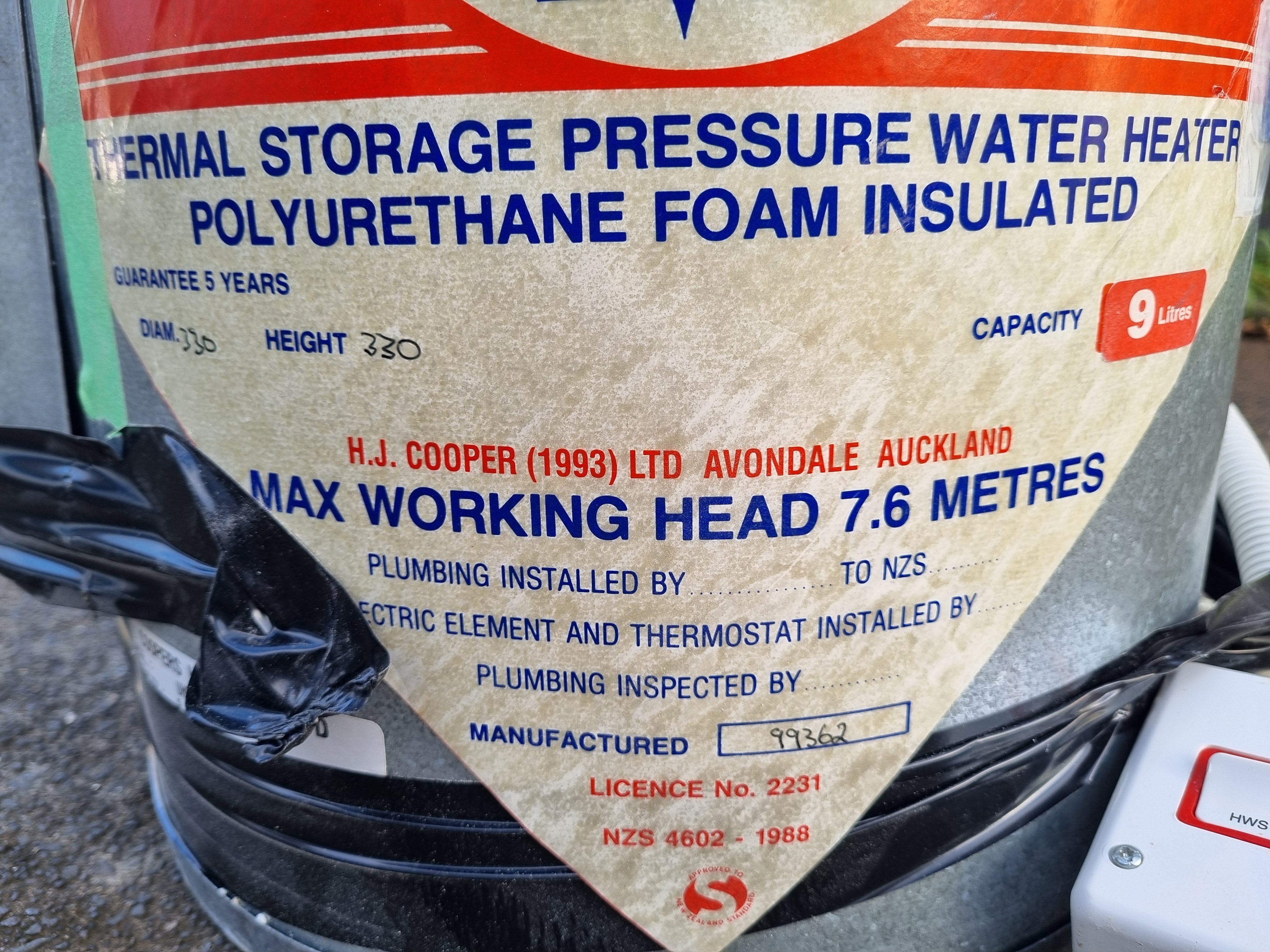 Coopers 9L Thermal Storage Pressure Water Heater 330 W x 300 H [#4228 MA] Joinery Recycle